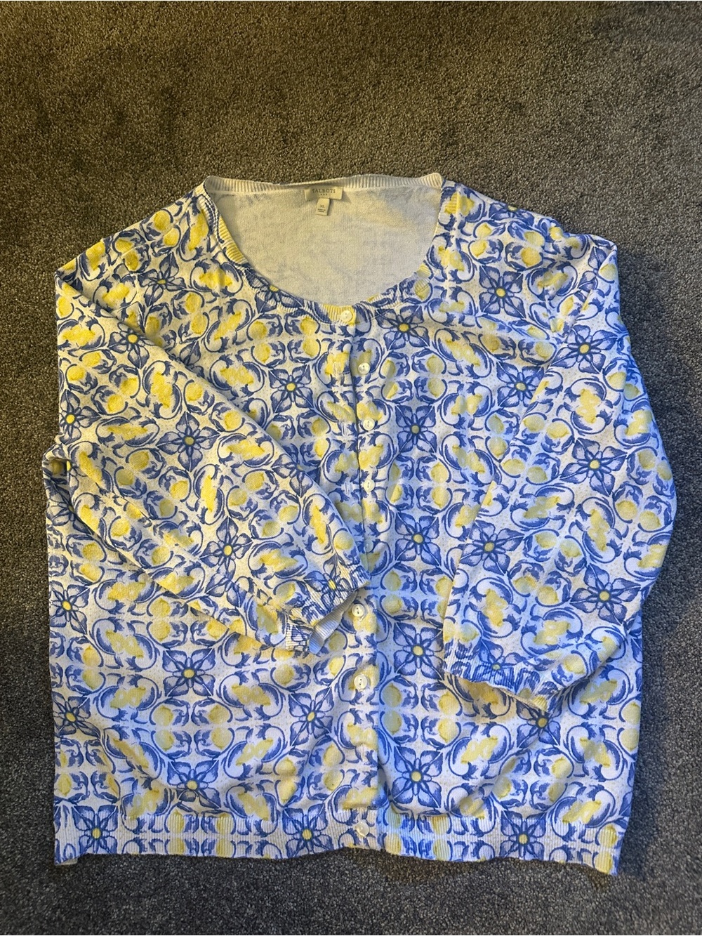 Talbots Blue and Yellow Floral Button Cardigan